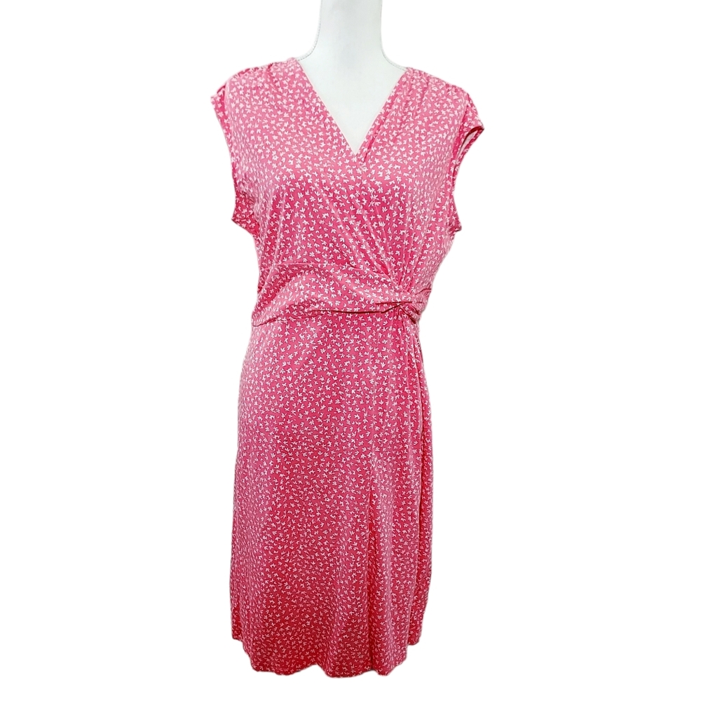 Lands End pink and white surplice dress L 14-16